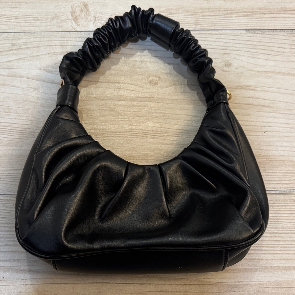 NWOT Black Ruched Small Faux Leather Hobo Bag